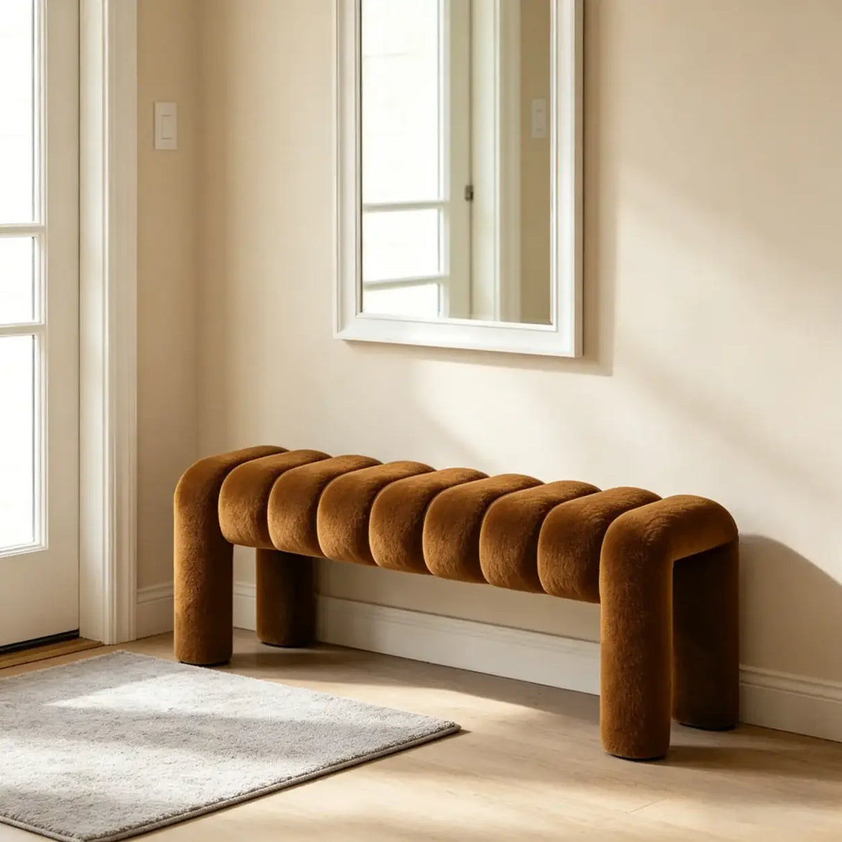 Modern Curved Solid Wood Bouclé Upholstered Bedroom Bench Image - 6