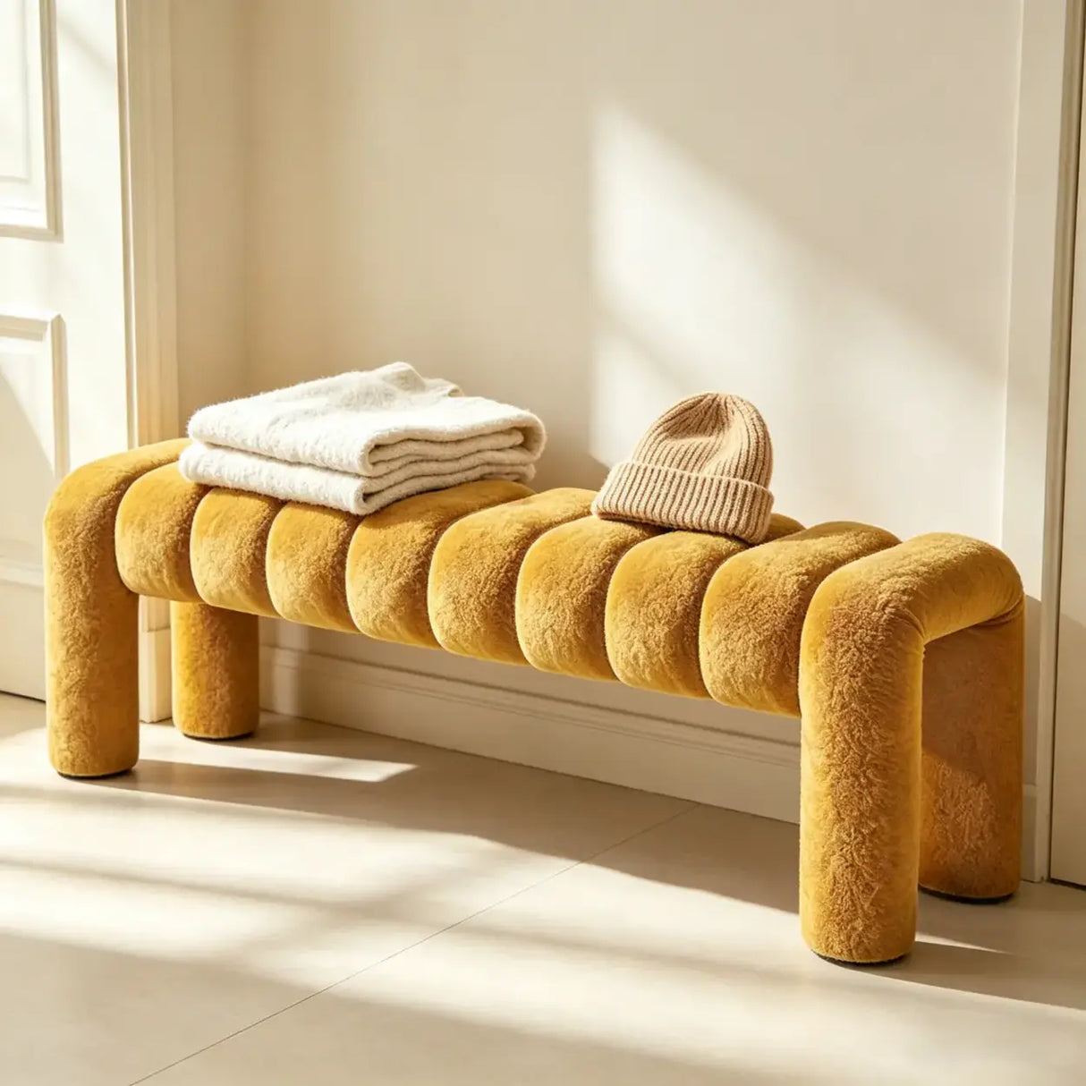 Modern Curved Solid Wood Bouclé Upholstered Bedroom Bench Image - 7