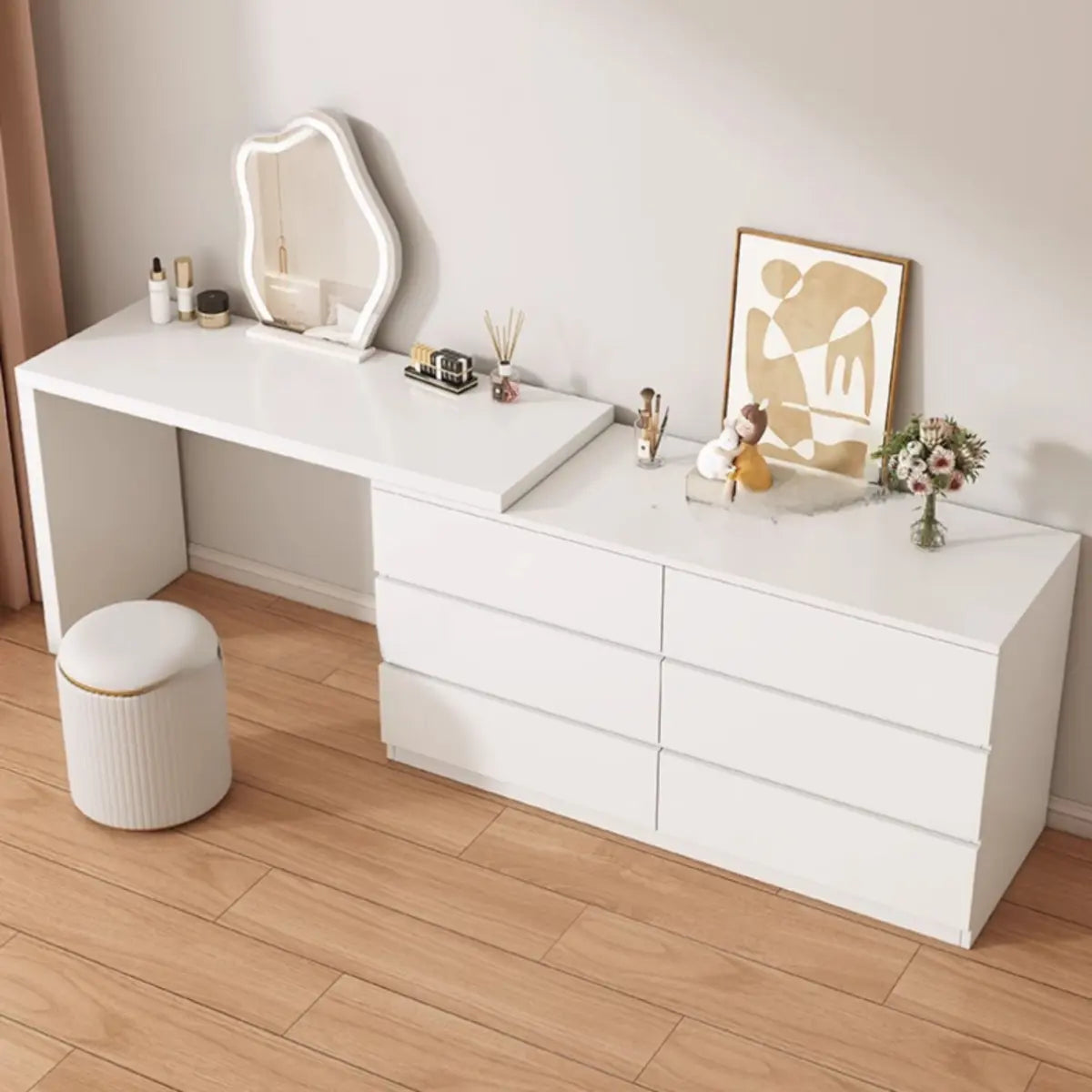 Modern Curved Wood Bedroom White LED Vanity Set Image - 1