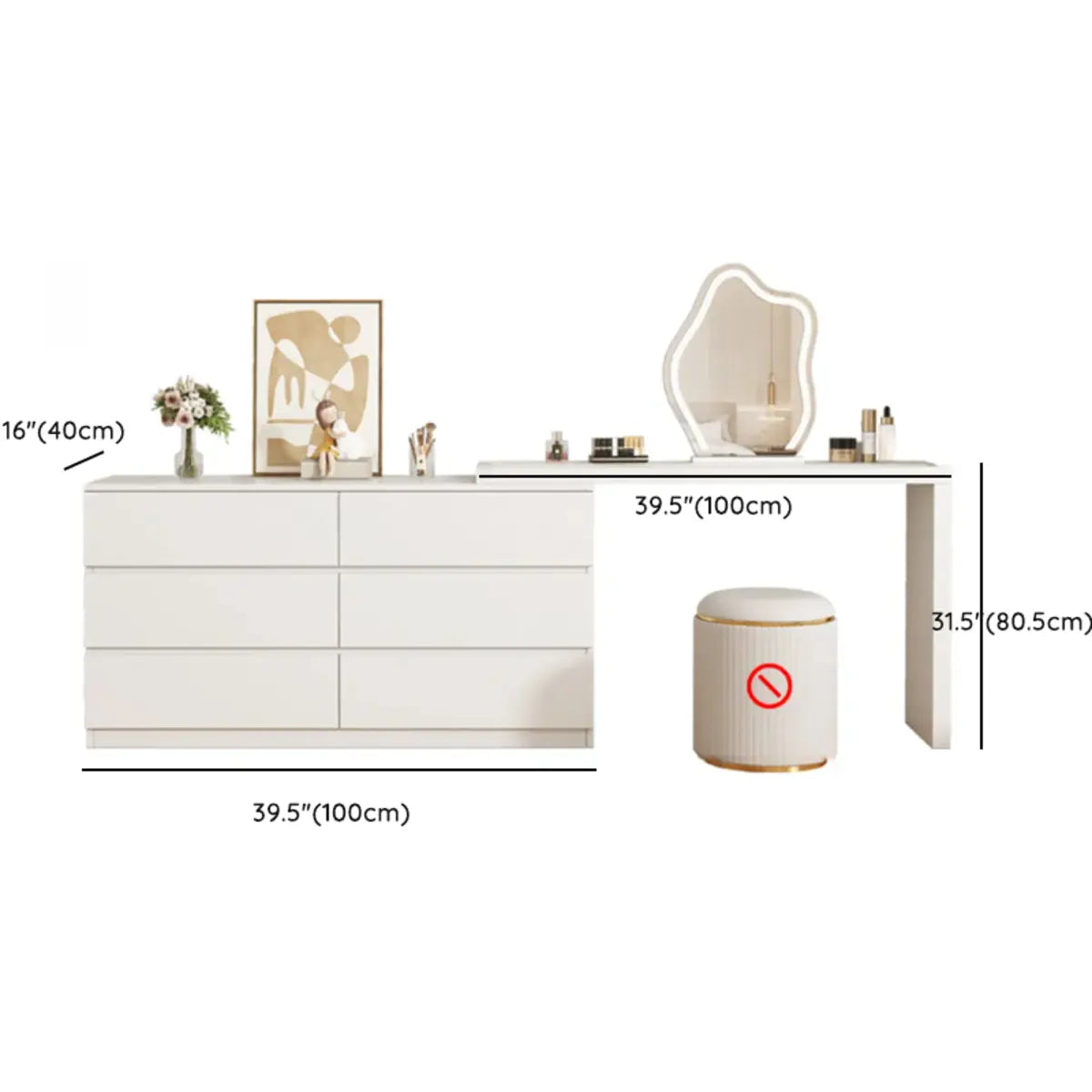 Modern Curved Wood Bedroom White LED Vanity Set Image - 15