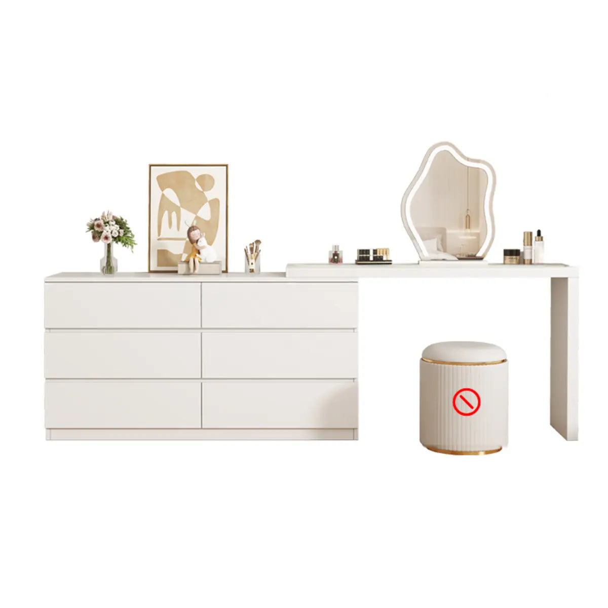 Modern Curved Wood Bedroom White LED Vanity Set Image - 2