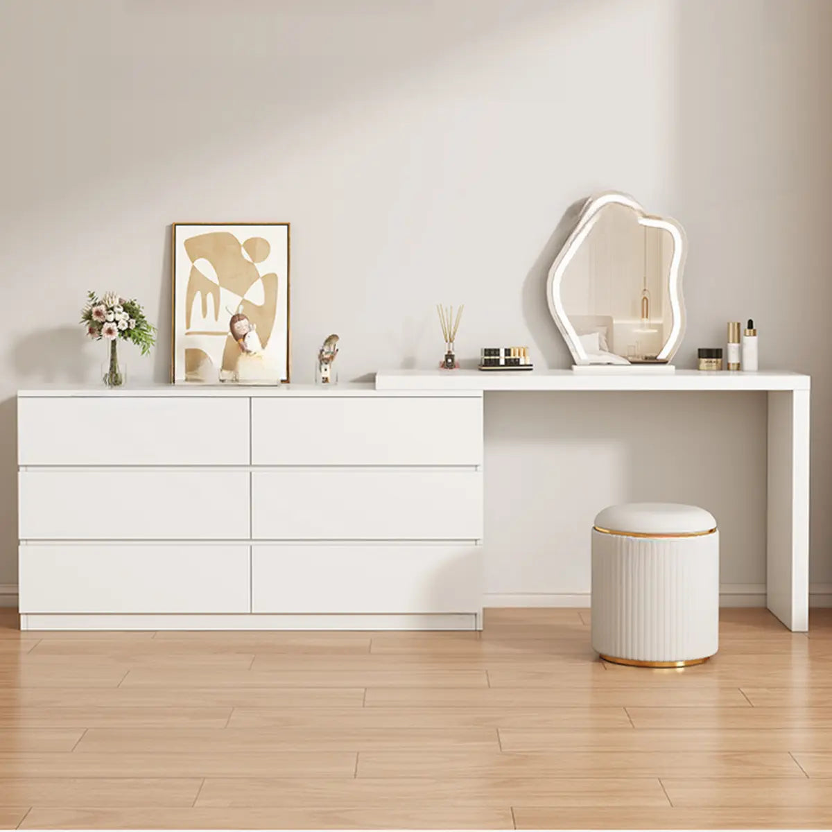 Modern Curved Wood Bedroom White LED Vanity Set Image - 3