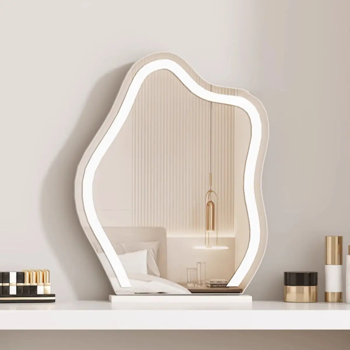Modern Curved Wood Bedroom White LED Vanity Set Image - 4