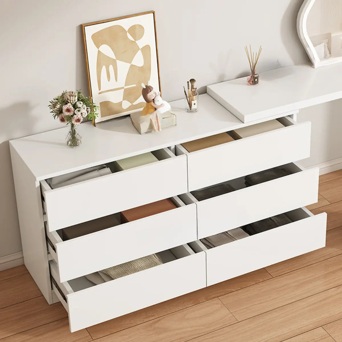 Modern Curved Wood Bedroom White LED Vanity Set Image - 5