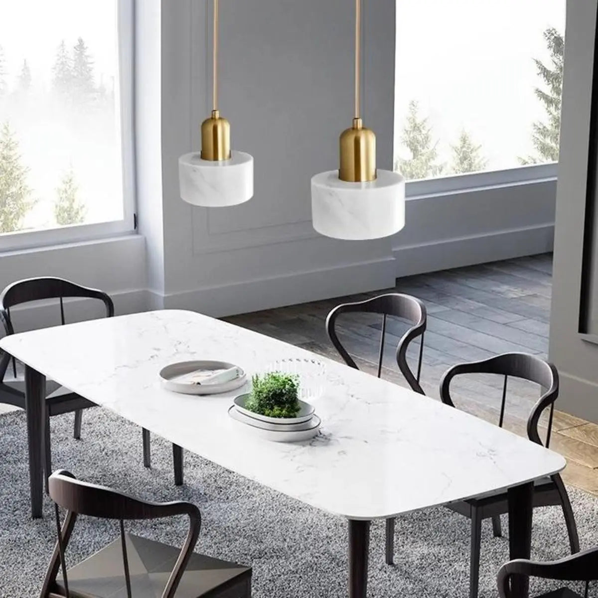 Modern Cylinder Marble Dining Room Pendant Light Image - 2