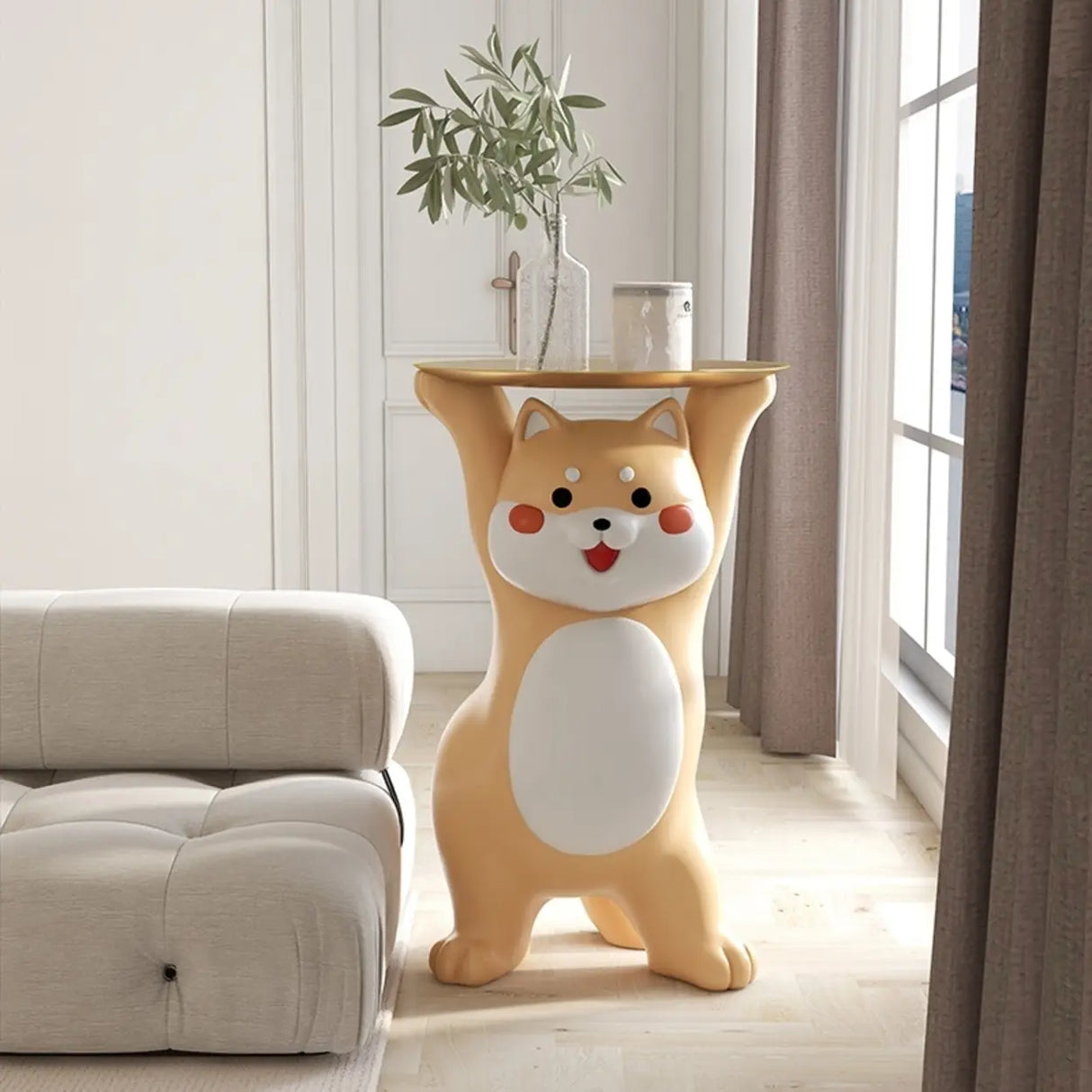 Modern Dog Shaped Resin Orange Decorative Side Table Image - 1