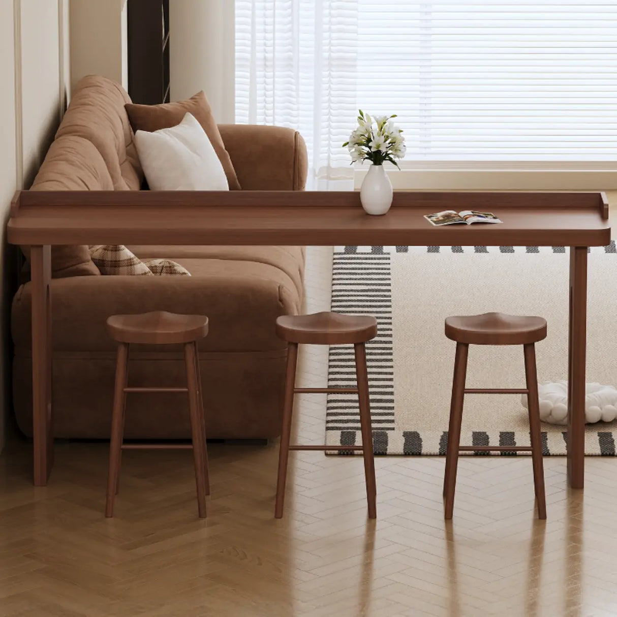 Modern Double Pedestal Rectangular Slim Brown Wood Bar Table Image - 3