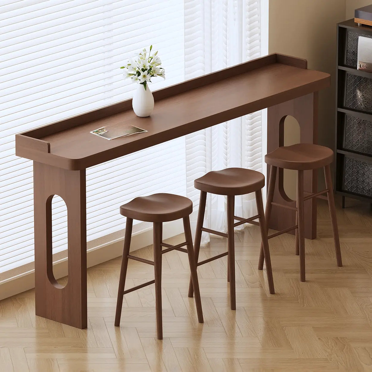 Modern Double Pedestal Rectangular Slim Brown Wood Bar Table Image - 4