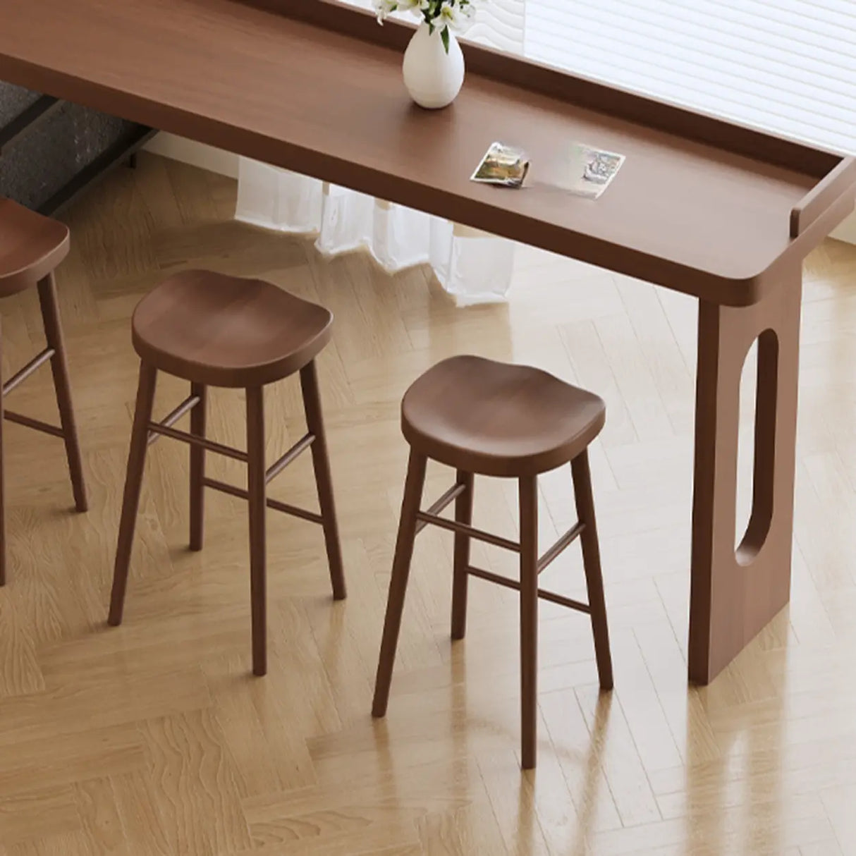 Modern Double Pedestal Rectangular Slim Brown Wood Bar Table Image - 5