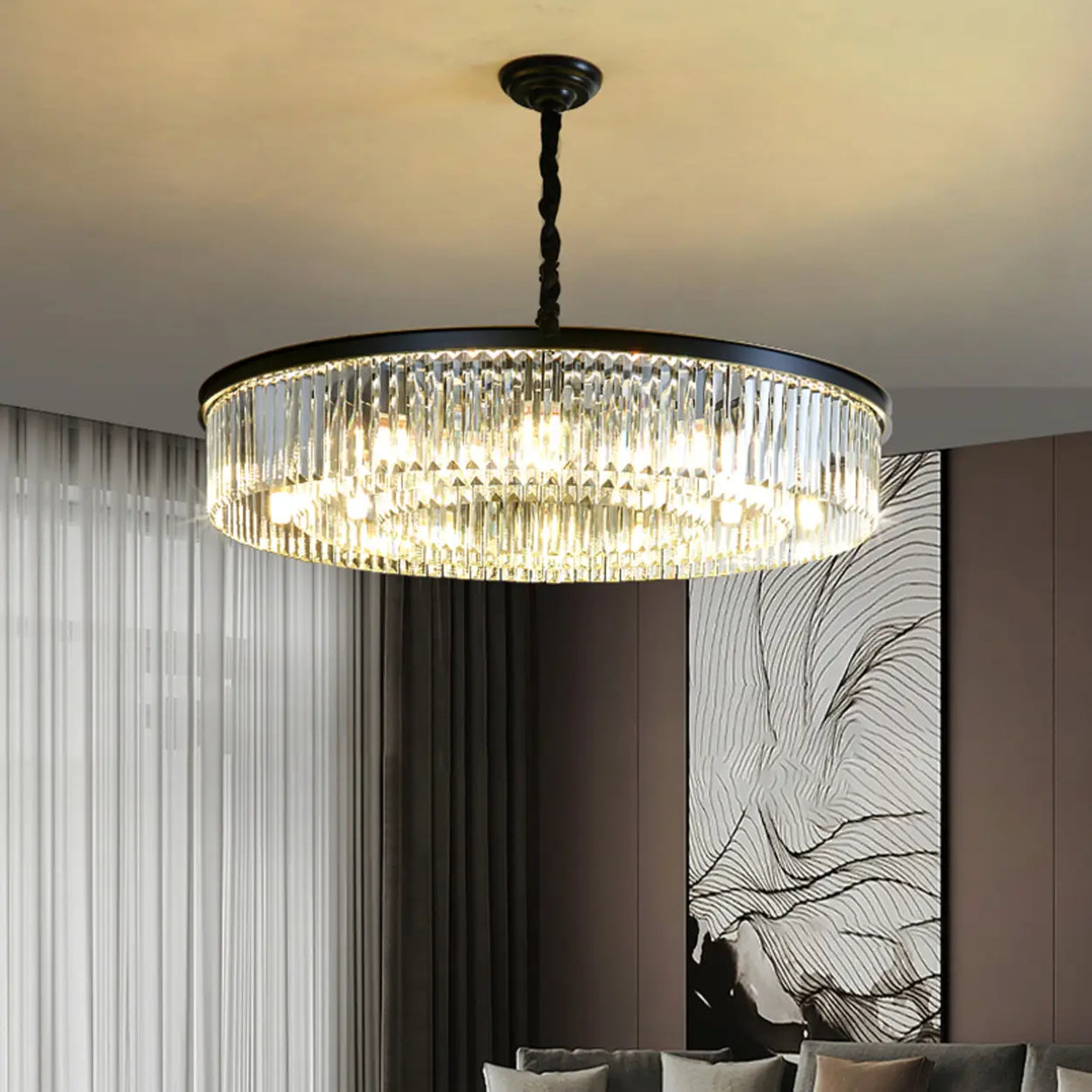 Modern Drum Adjustable Height Crystal Chandelier Image - 1