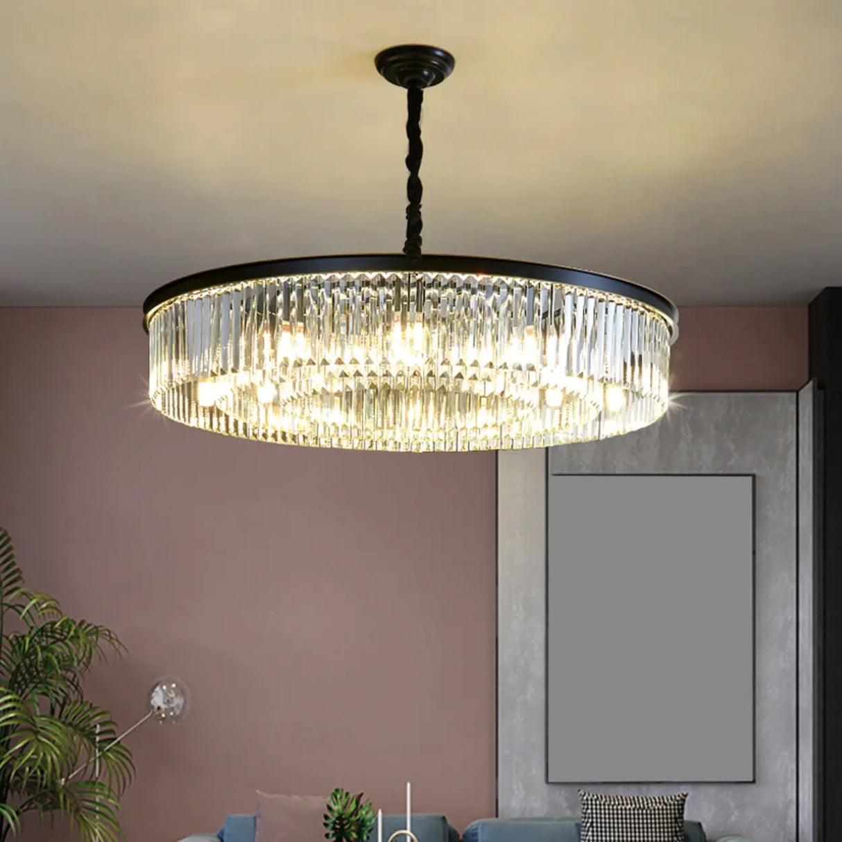 Modern Drum Adjustable Height Crystal Chandelier Image - 2