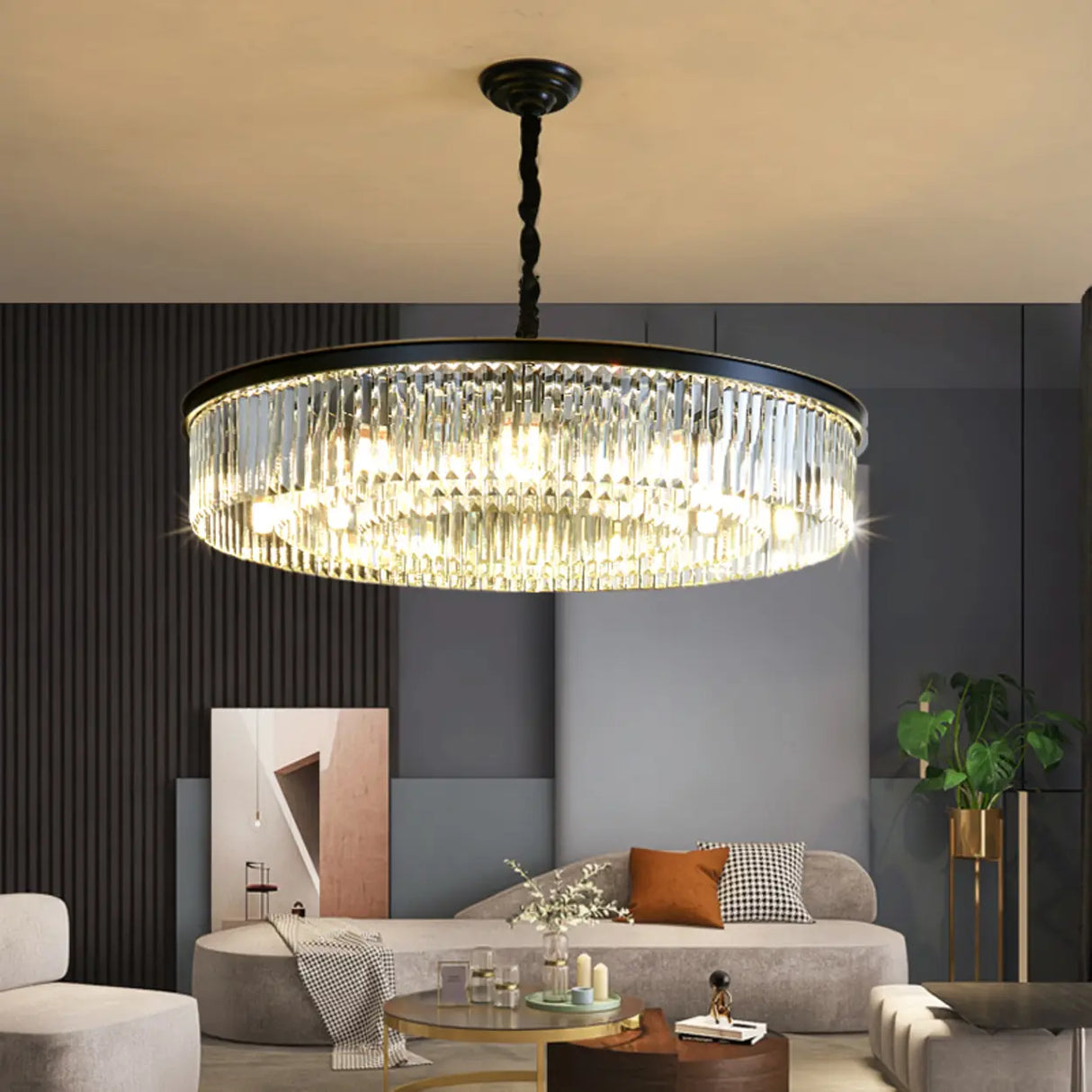 Modern Drum Adjustable Height Crystal Chandelier Image - 3
