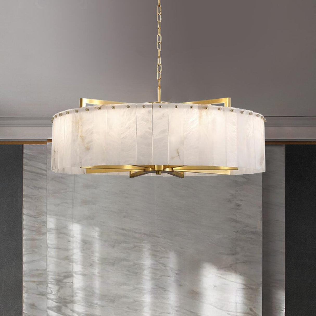 Modern Drum Marble Stone Chandelier Adjustable Chain Image - 3