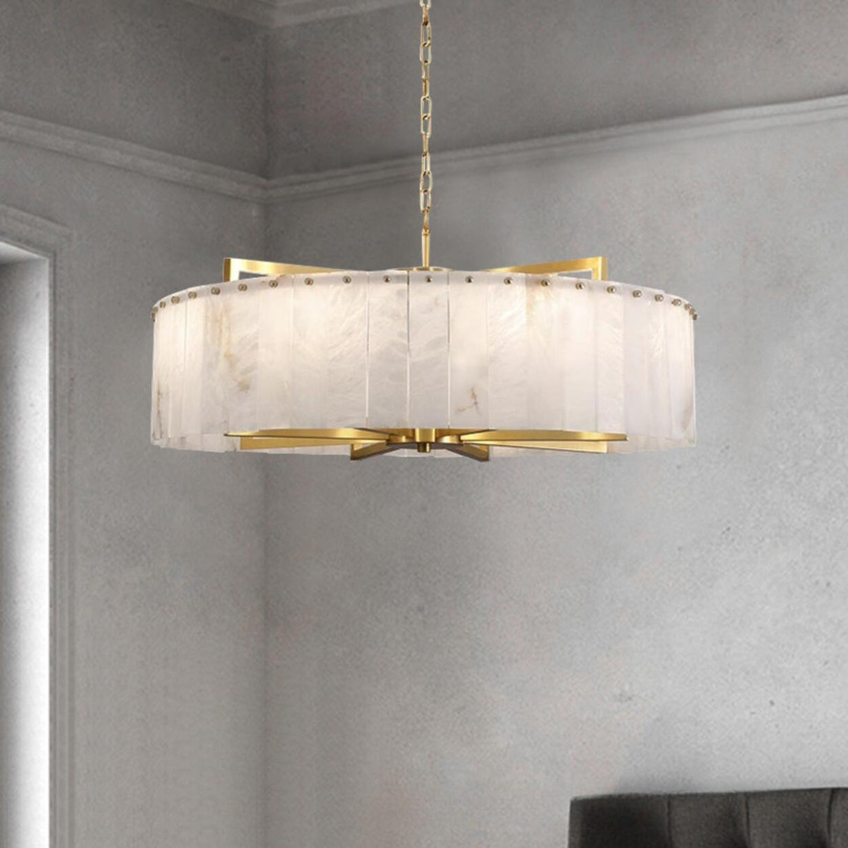 Modern Drum Marble Stone Chandelier Adjustable Chain Image - 4