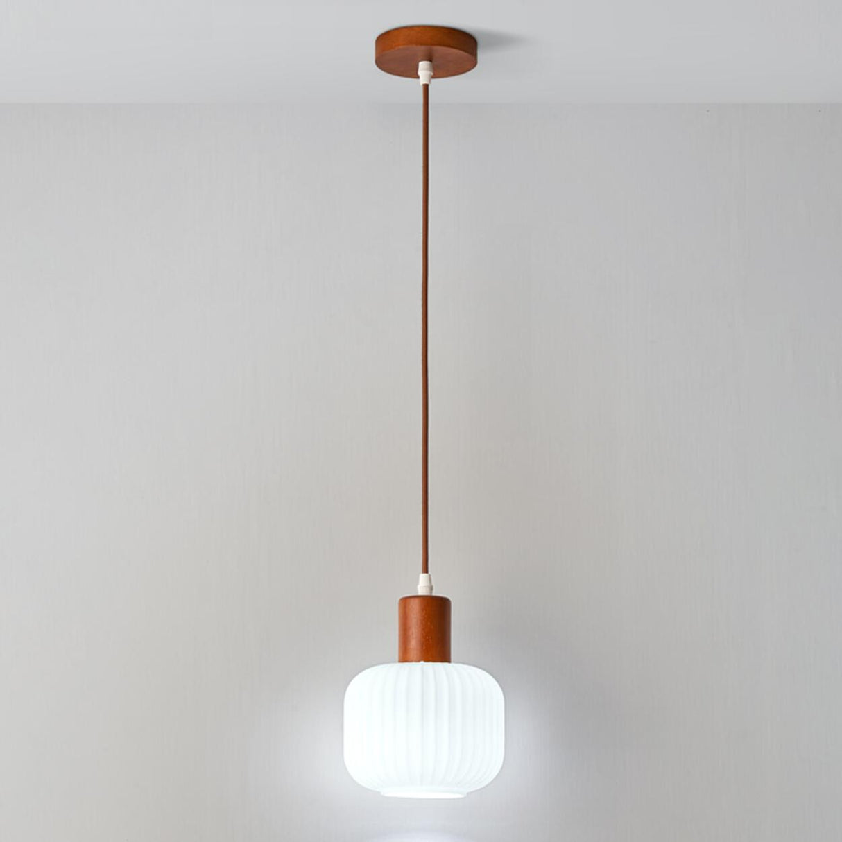 Modern Drum White Ribbed Glass Ceiling Pendant Light Image - 3