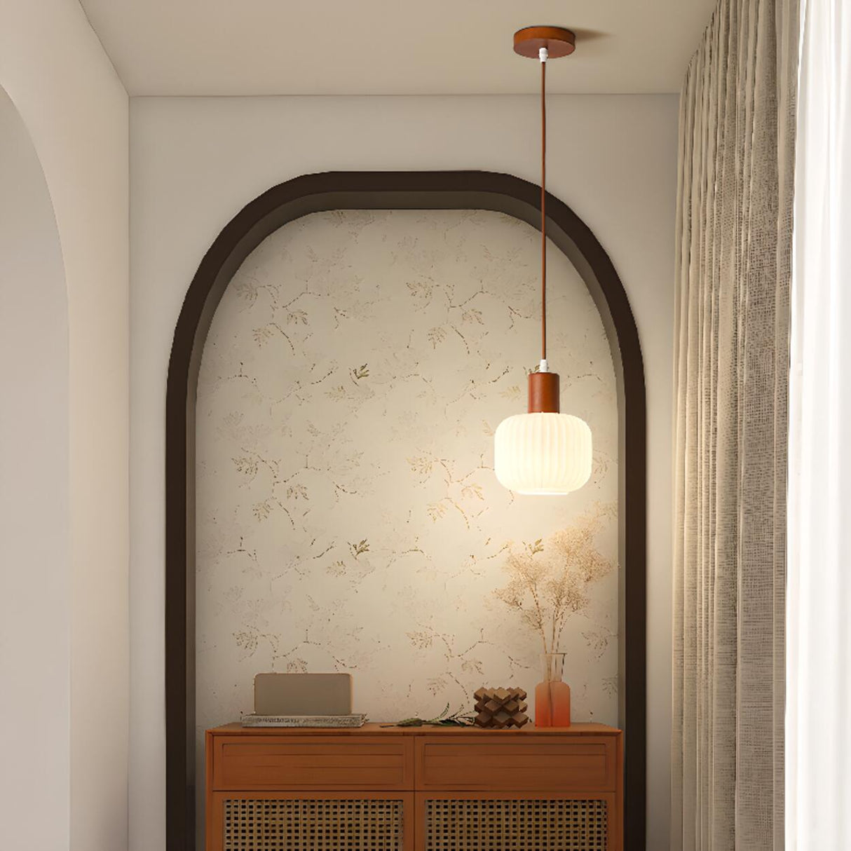 Modern Drum White Ribbed Glass Ceiling Pendant Light Image - 4