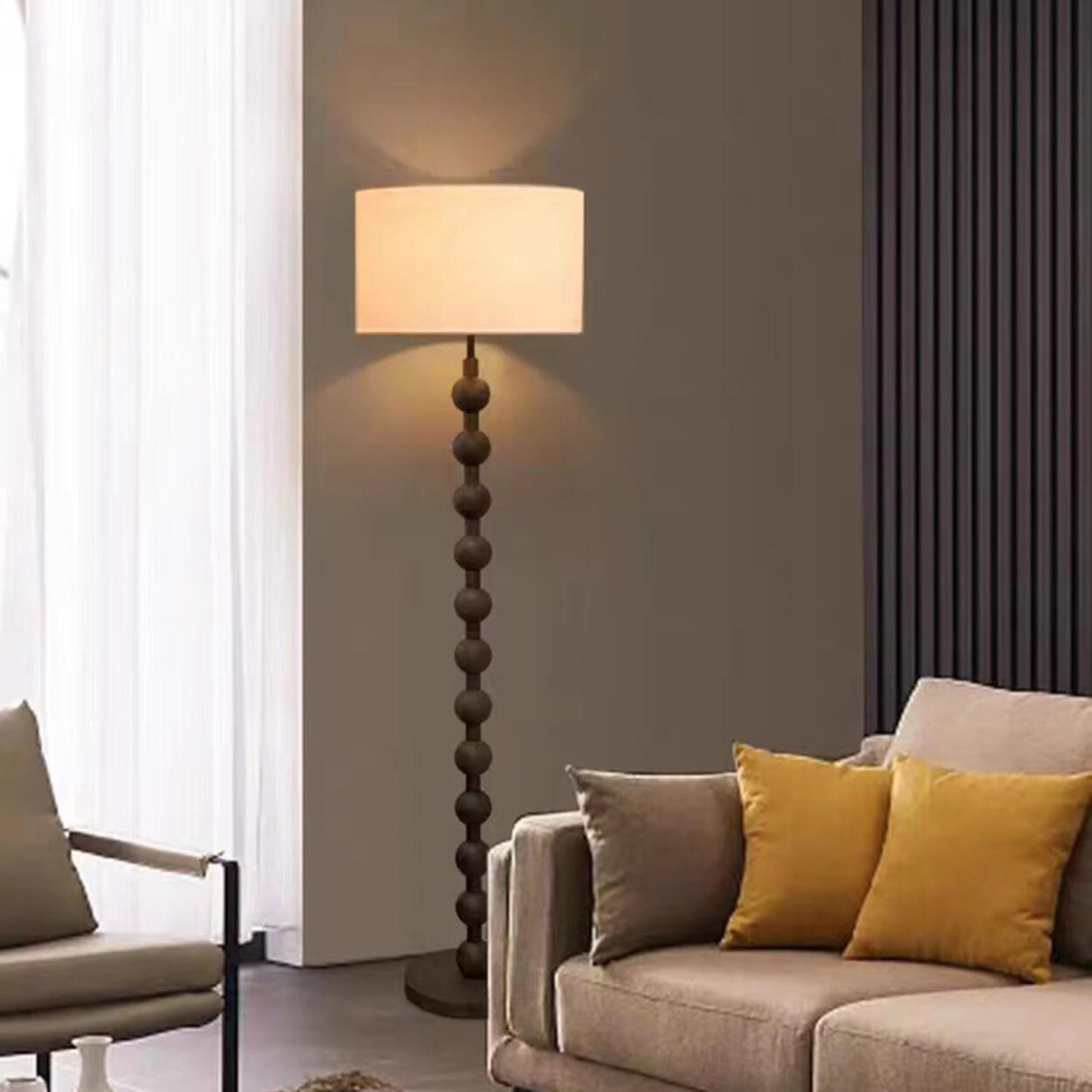 Modern Drum Wooden Spherical Column Floor Lamp Image - 10