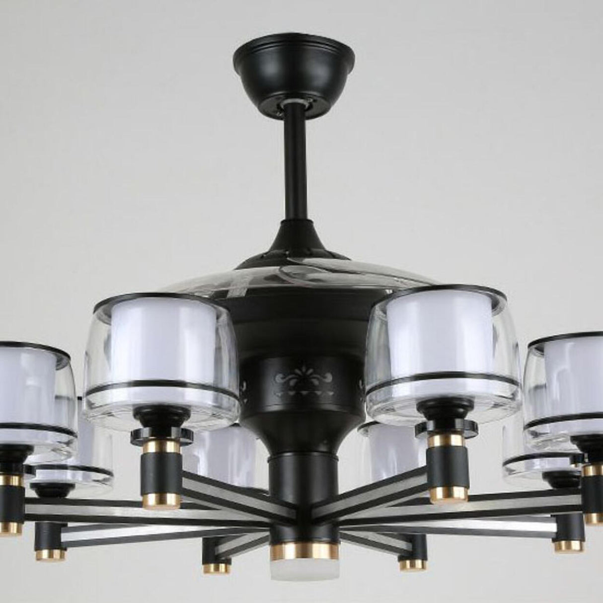 Modern Elegant Column Shade Chandelier Fan with 8 Lamps Image - 13