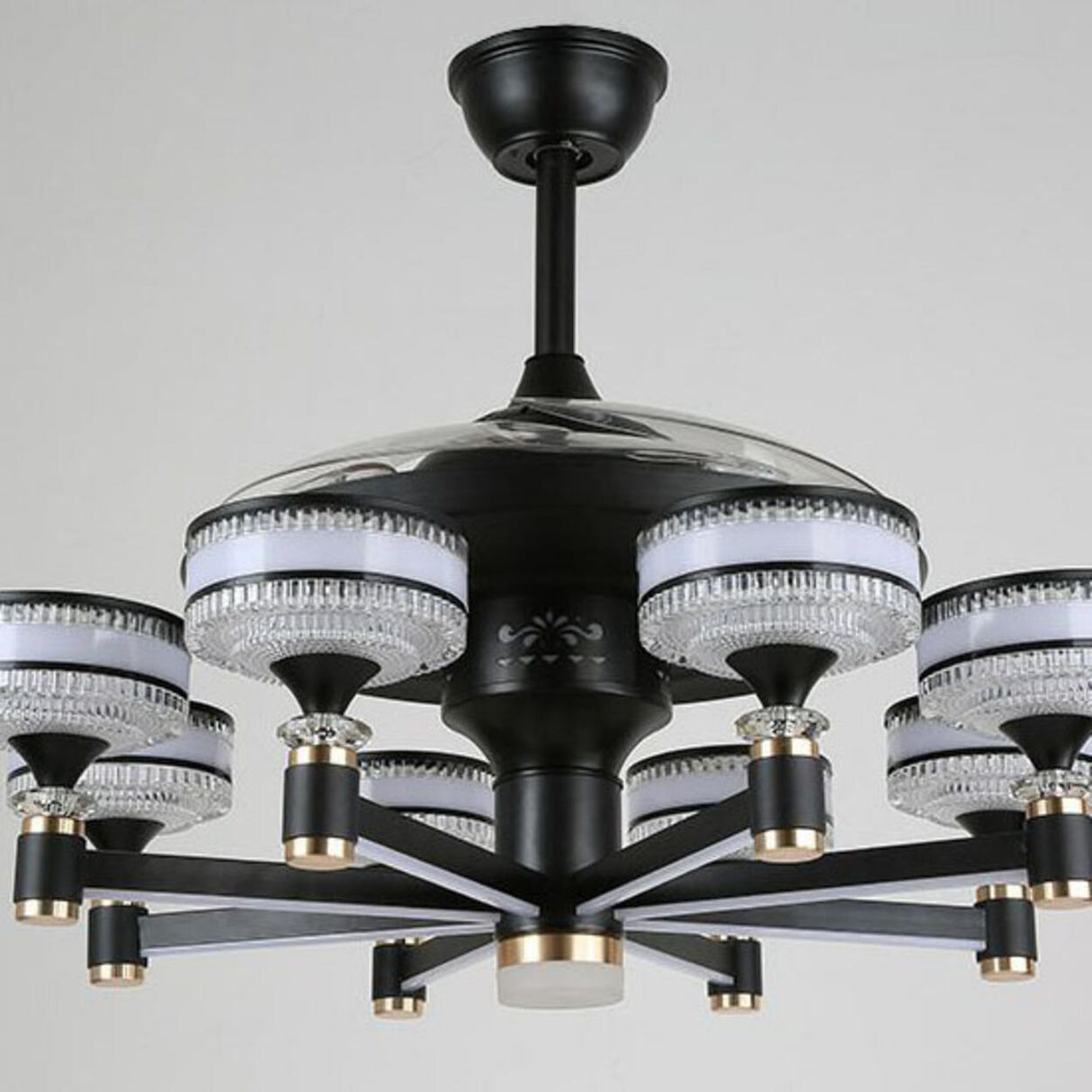 Modern Elegant Column Shade Chandelier Fan with 8 Lamps Image - 15
