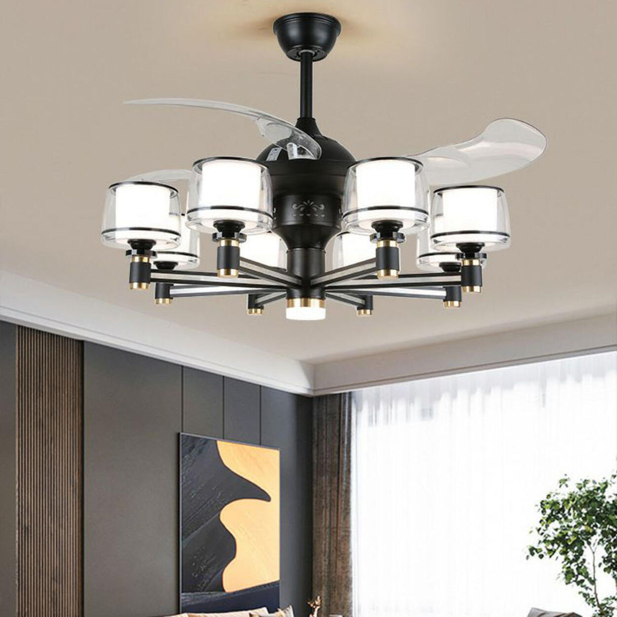 Modern Elegant Column Shade Chandelier Fan with 8 Lamps Image - 17
