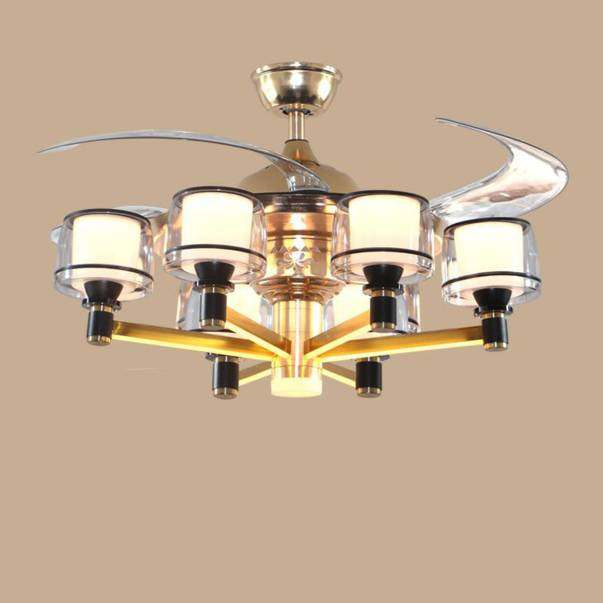 Modern Elegant Column Shade Chandelier Fan with 8 Lamps Image - 2
