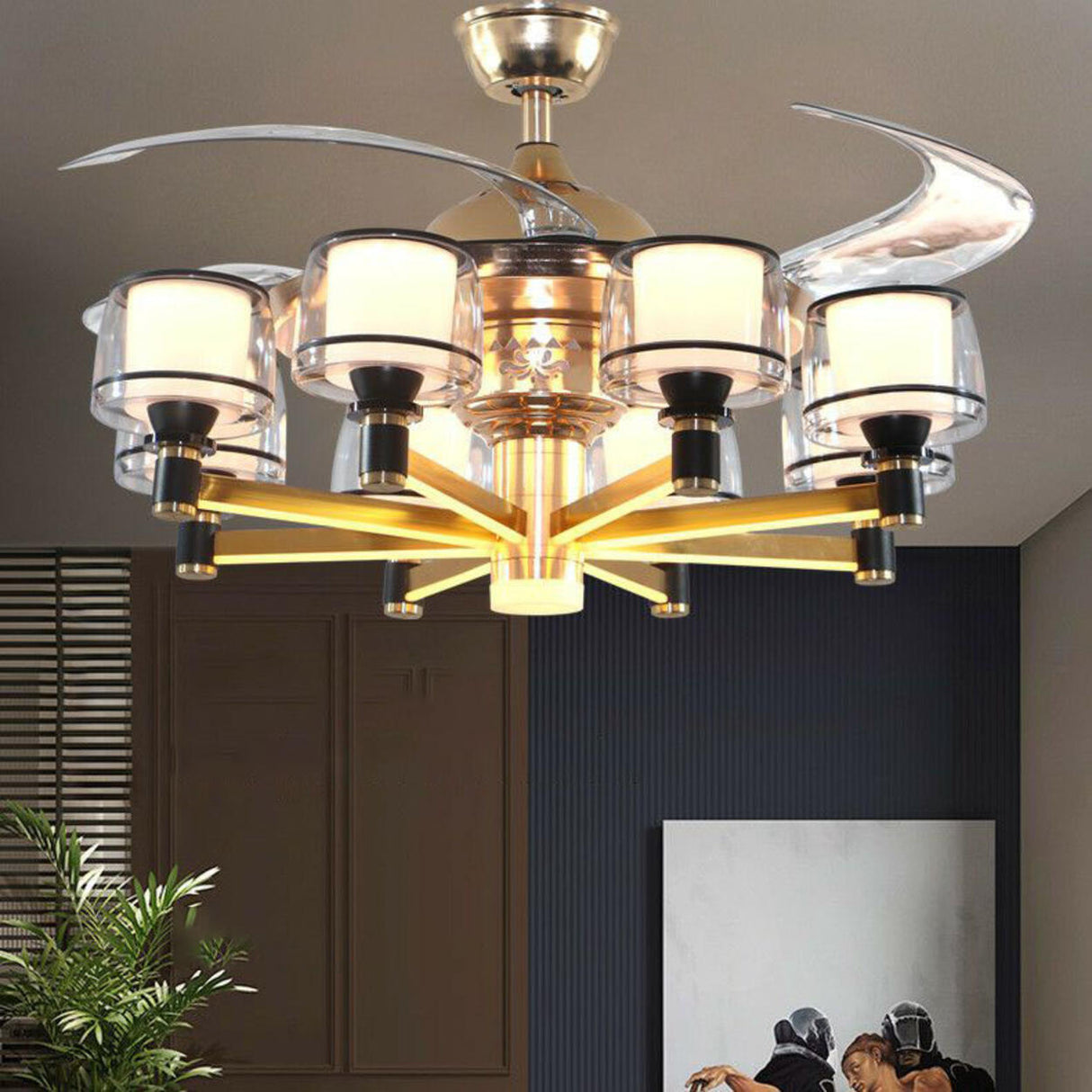 Modern Elegant Column Shade Chandelier Fan with 8 Lamps Image - 3