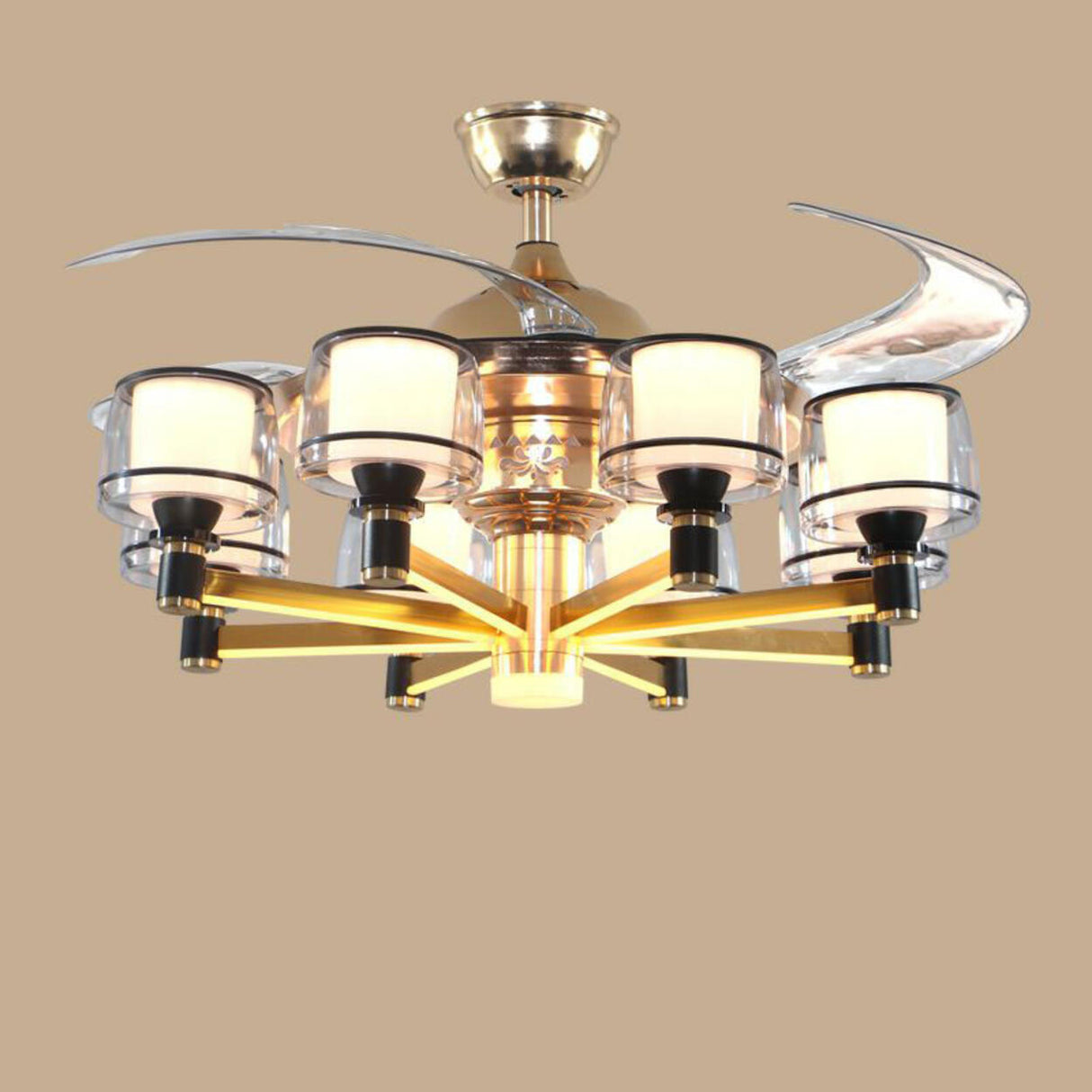 Modern Elegant Column Shade Chandelier Fan with 8 Lamps Image - 4