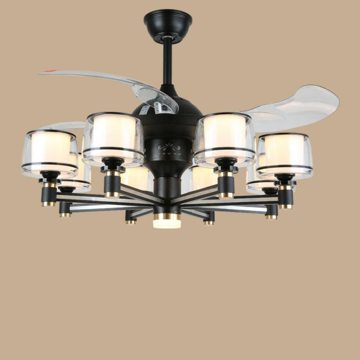 Modern Elegant Column Shade Chandelier Fan with 8 Lamps Image - 5