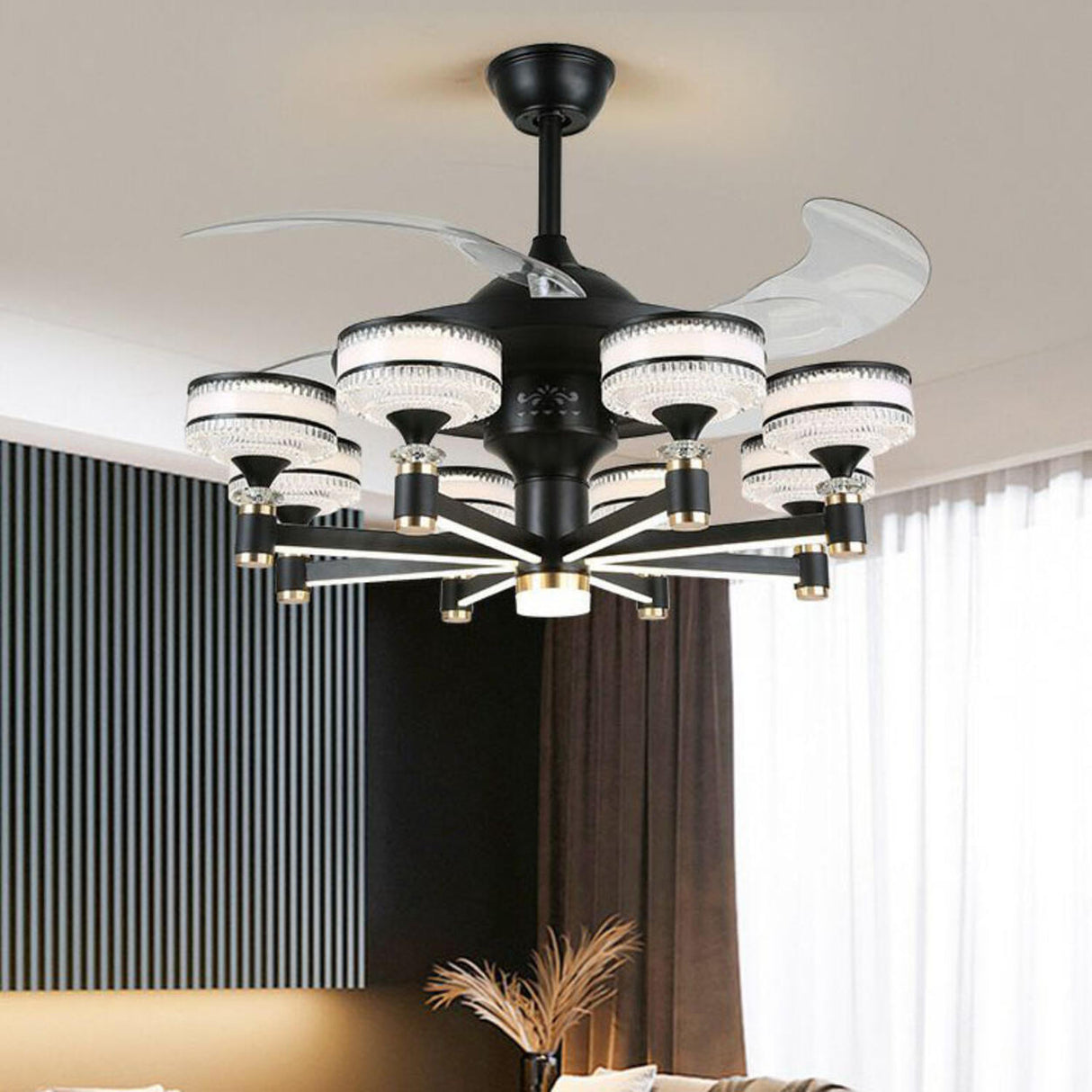 Modern Elegant Column Shade Chandelier Fan with 8 Lamps Image - 6