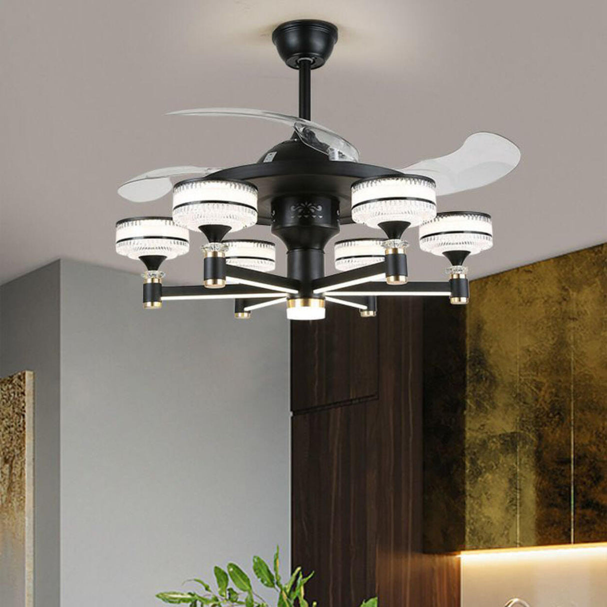 Modern Elegant Column Shade Chandelier Fan with 8 Lamps Image - 7