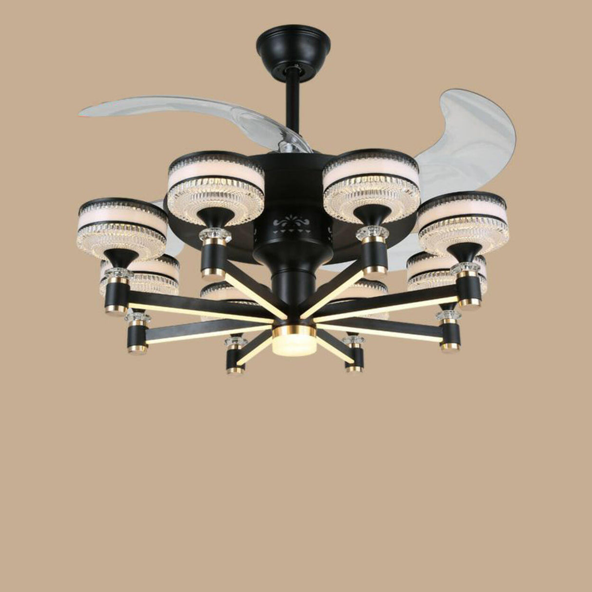 Modern Elegant Column Shade Chandelier Fan with 8 Lamps Image - 8