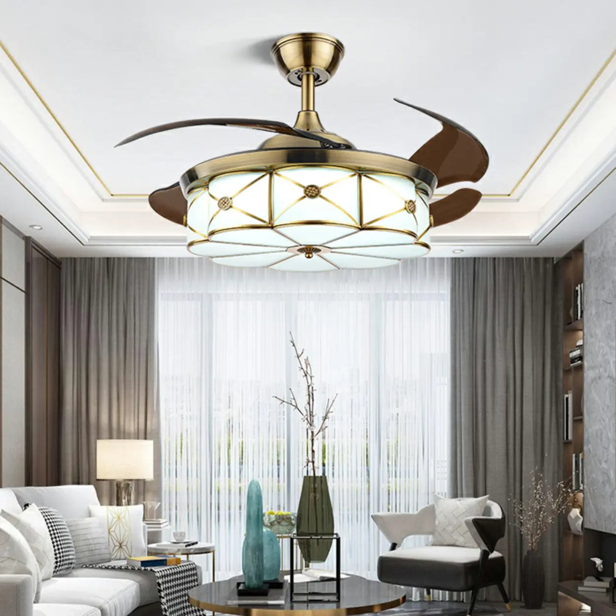 Modern Elegant Flower Drum Shape Ceiling Fan with Light Image - 16