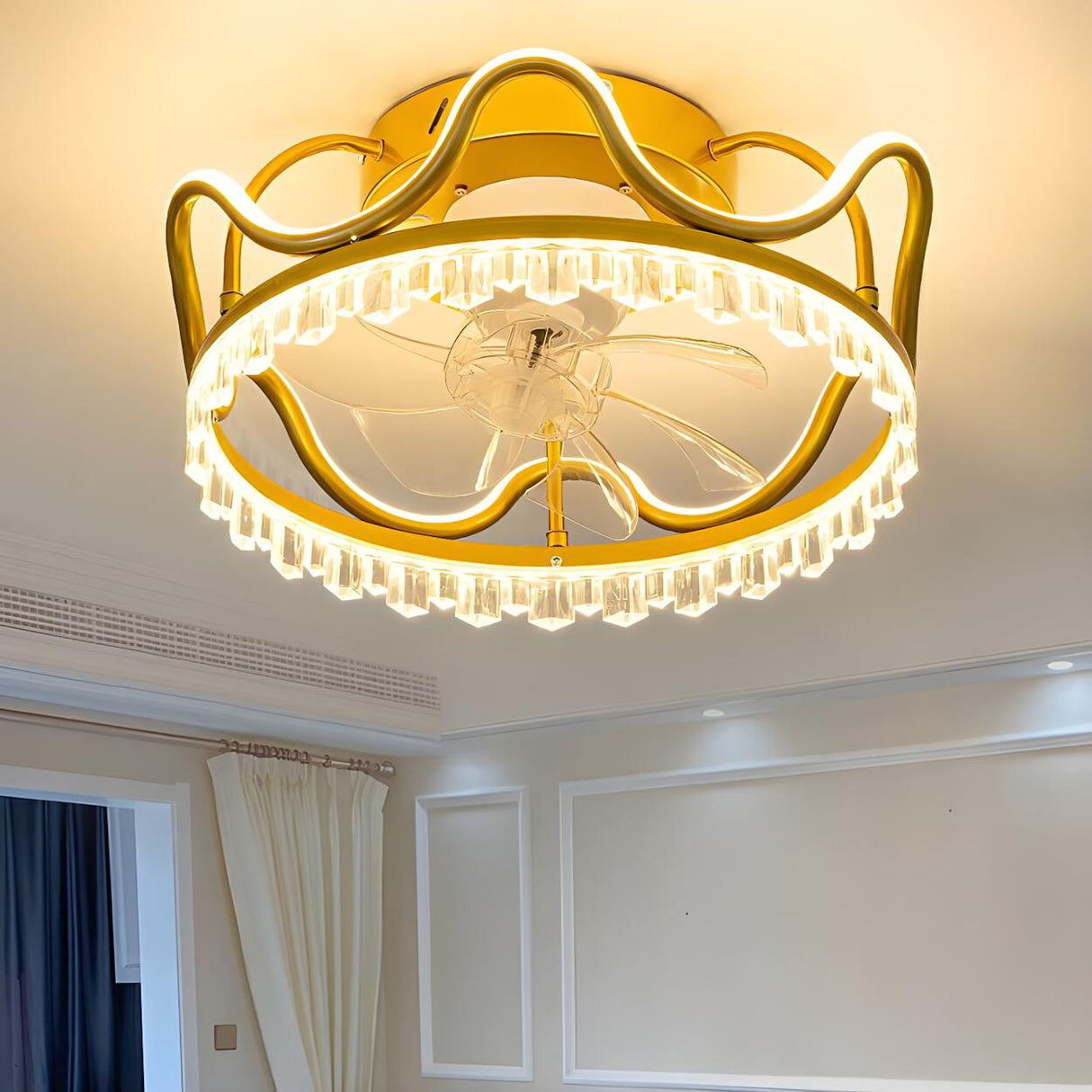 Modern Elegant Flush Crown LED Ceiling Fan with Light Image - 10