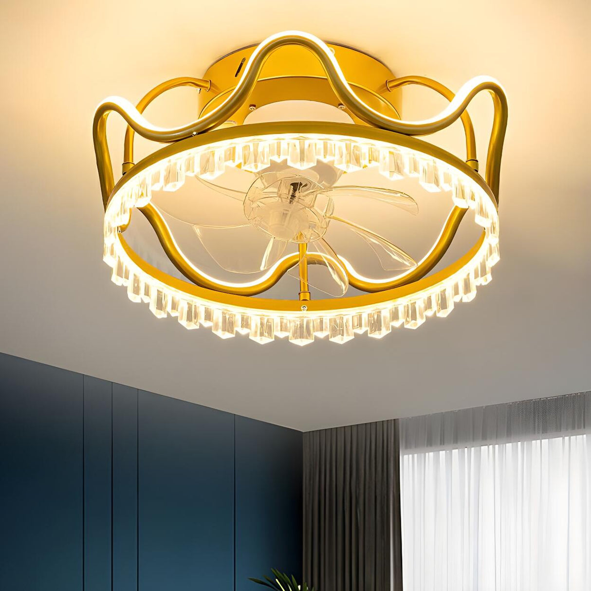 Modern Elegant Flush Crown LED Ceiling Fan with Light Image - 11