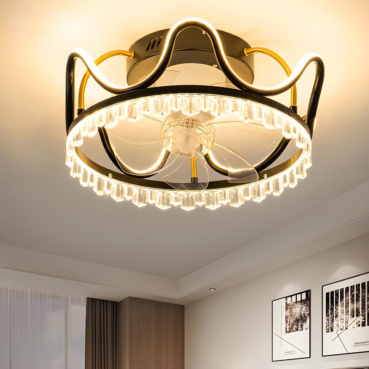 Modern Elegant Flush Crown LED Ceiling Fan with Light Image - 6