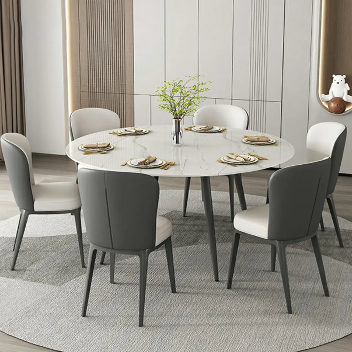 Modern Elegant Round Marble Dining Table White Extendable Image - 1