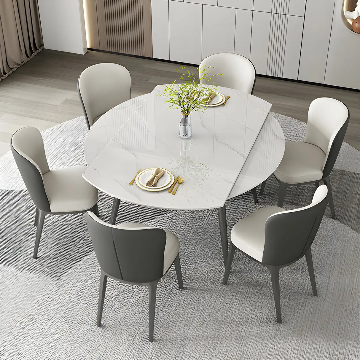 Modern Elegant Round Marble Dining Table White Extendable Image - 2