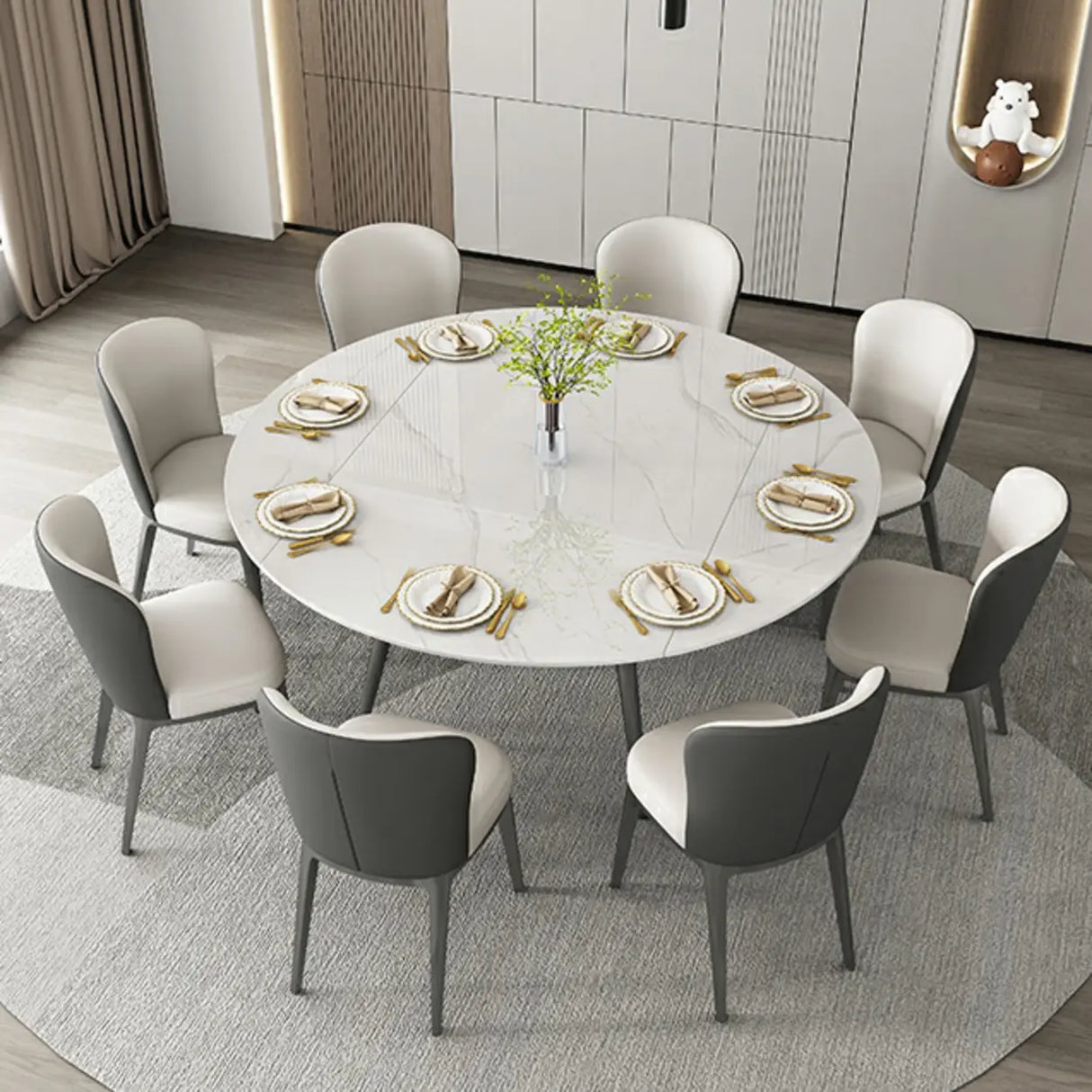 Modern Elegant Round Marble Dining Table White Extendable Image - 3