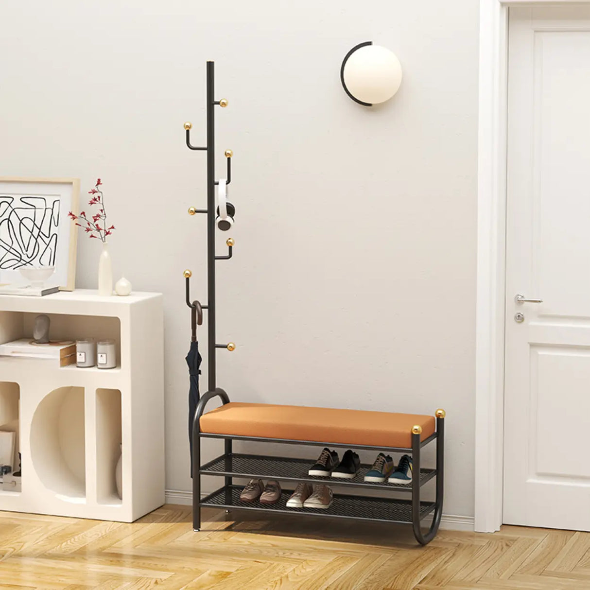 Modern Entryway Bench with Coat Rack and Shoe Storage Image - 2