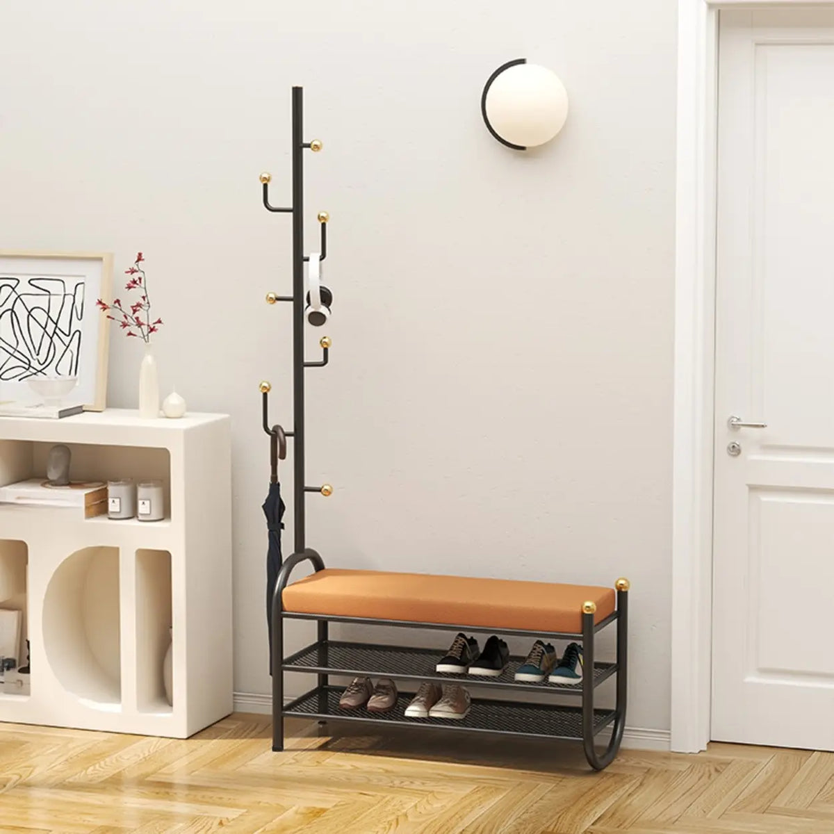 23.6"L x 11.8"W x 68.9"H Black Modern Entryway Bench with Coat Rack and Shoe Storage Image - 2