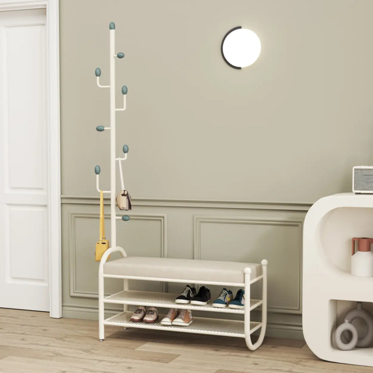 Modern Entryway Bench with Coat Rack and Shoe Storage Image - 3