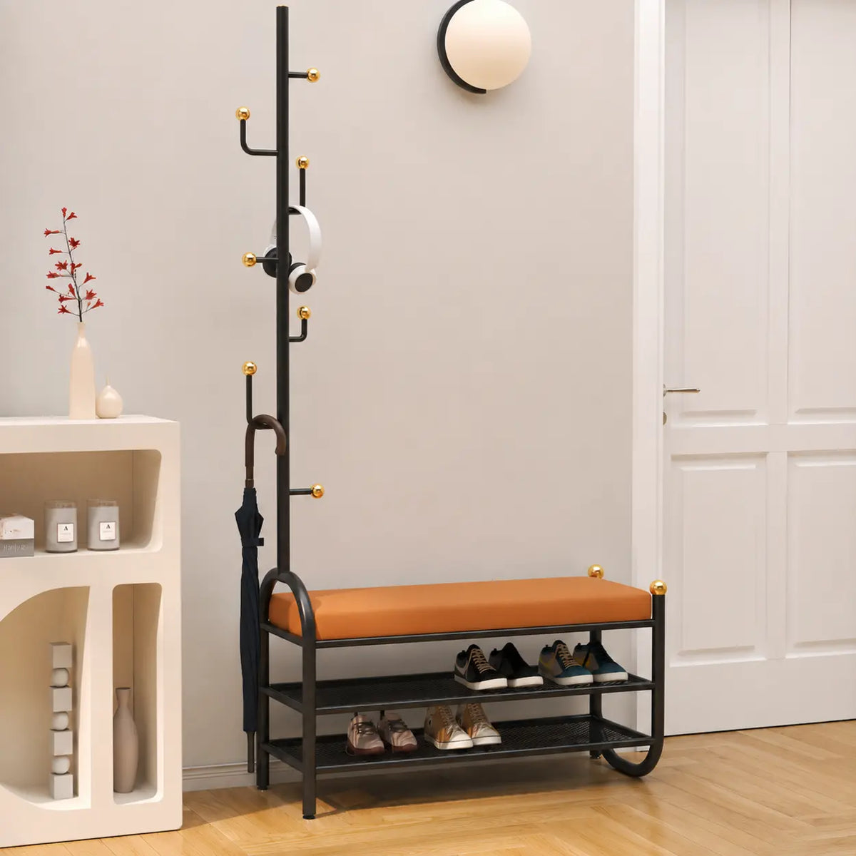 Modern Entryway Bench with Coat Rack and Shoe Storage Image - 3