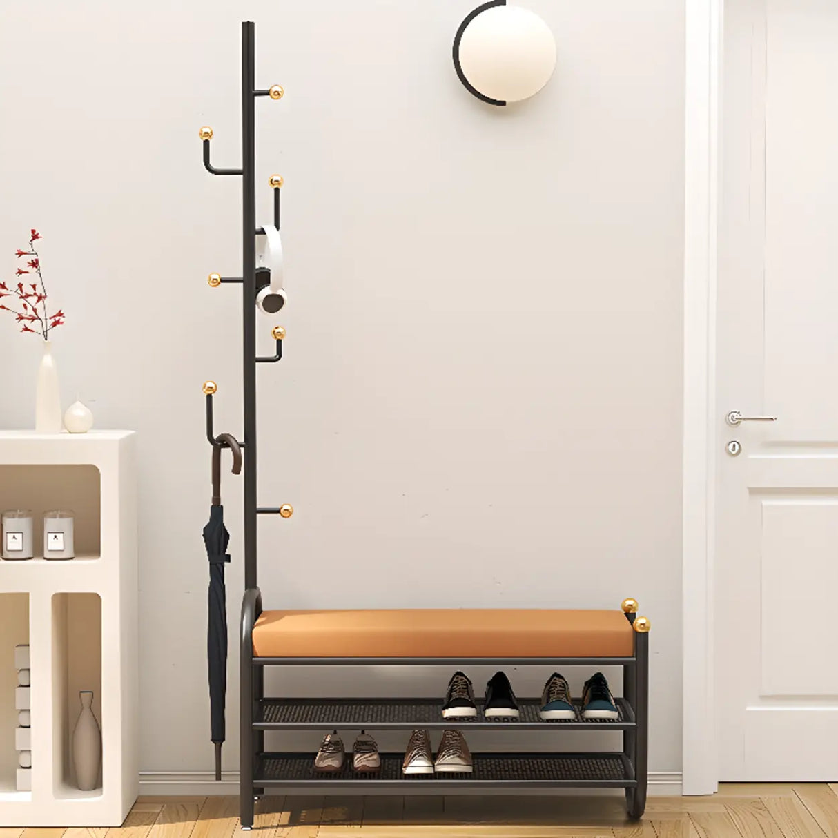 Modern Entryway Bench with Coat Rack and Shoe Storage Image - 5