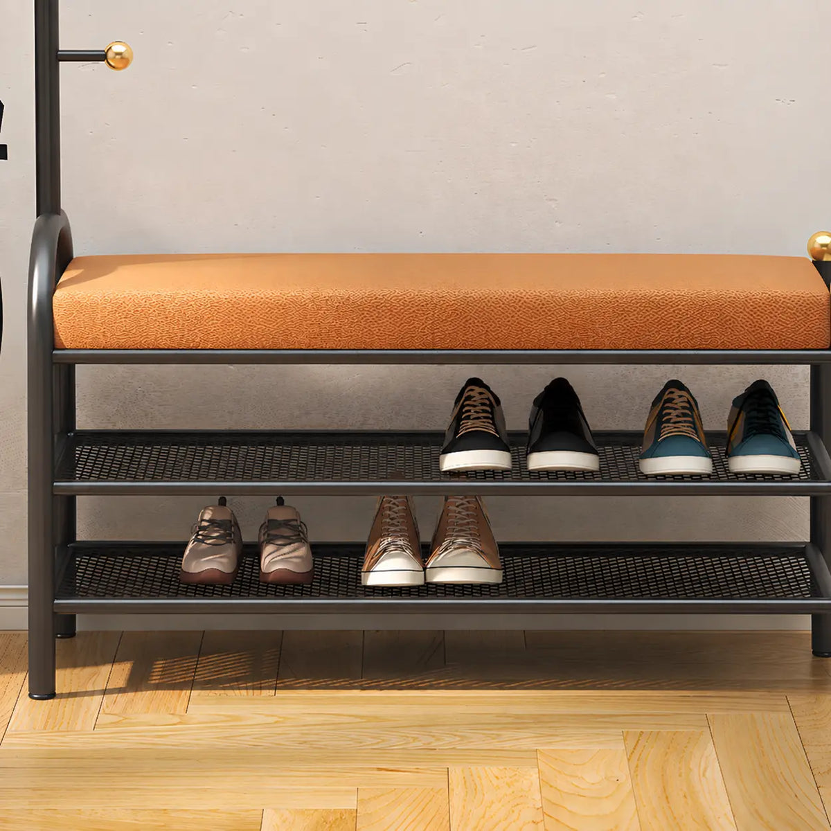 Modern Entryway Bench with Coat Rack and Shoe Storage Image - 7