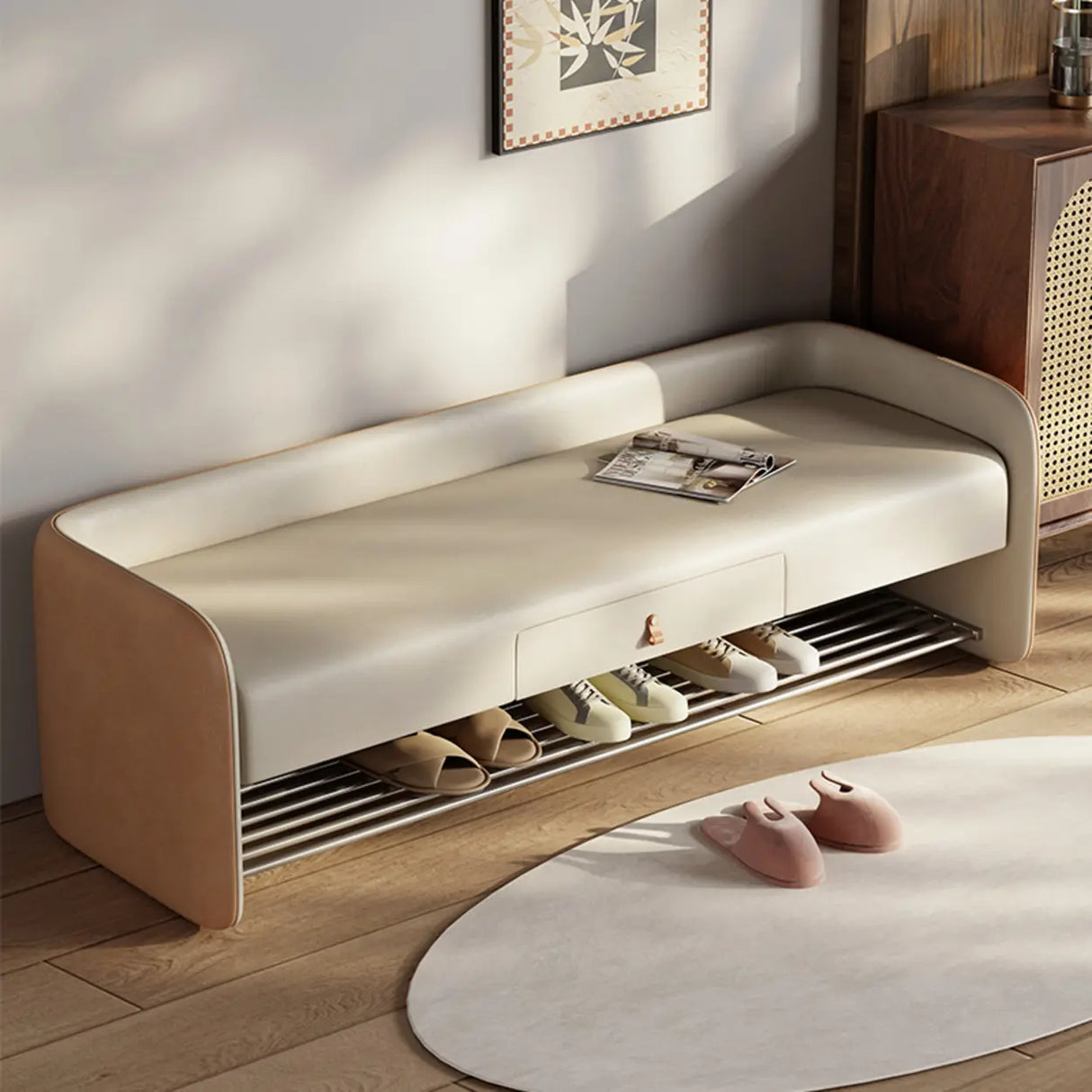 Modern Entryway Bench with Shoe Storage and Drawer Image - 1