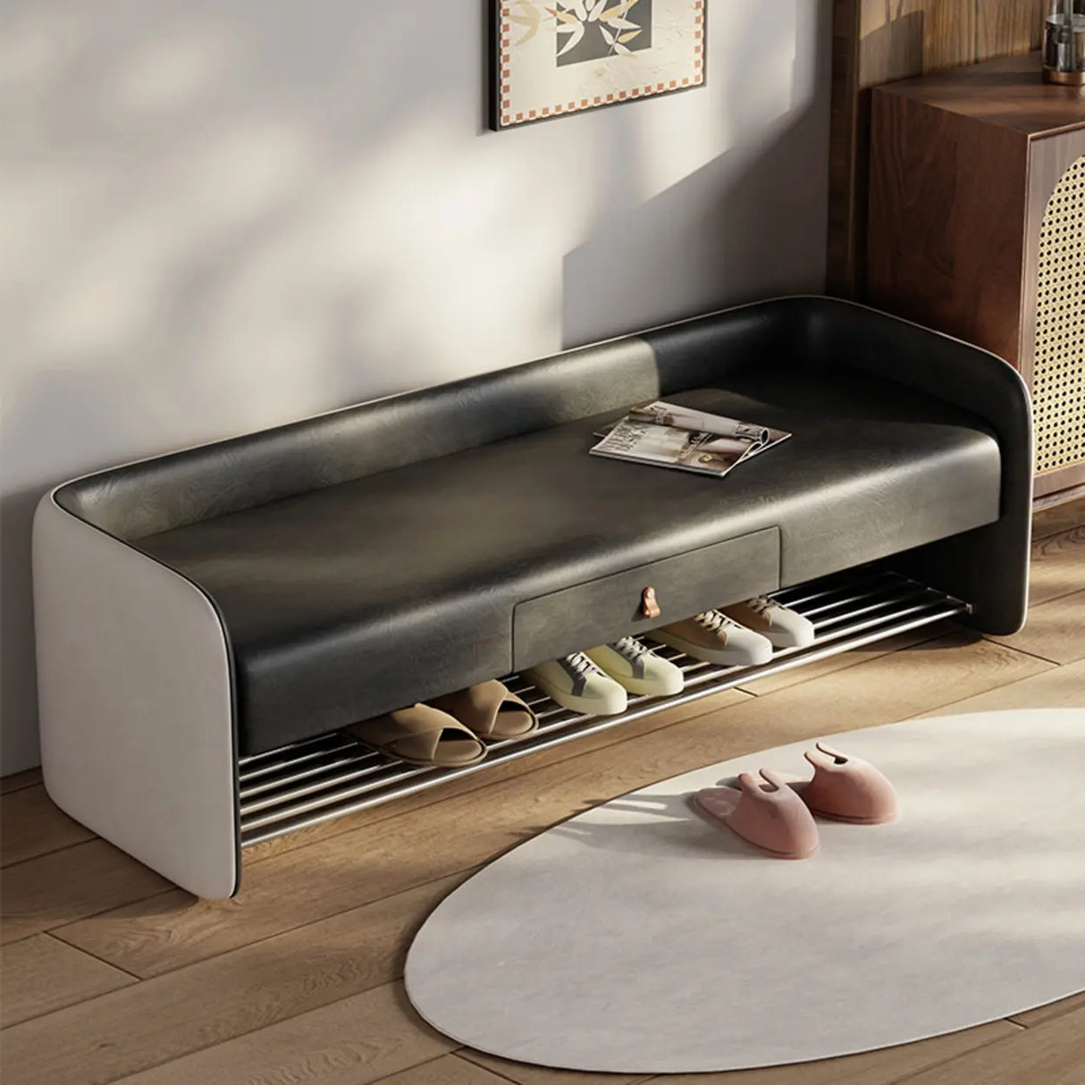 Modern Entryway Bench with Shoe Storage and Drawer Image - 2