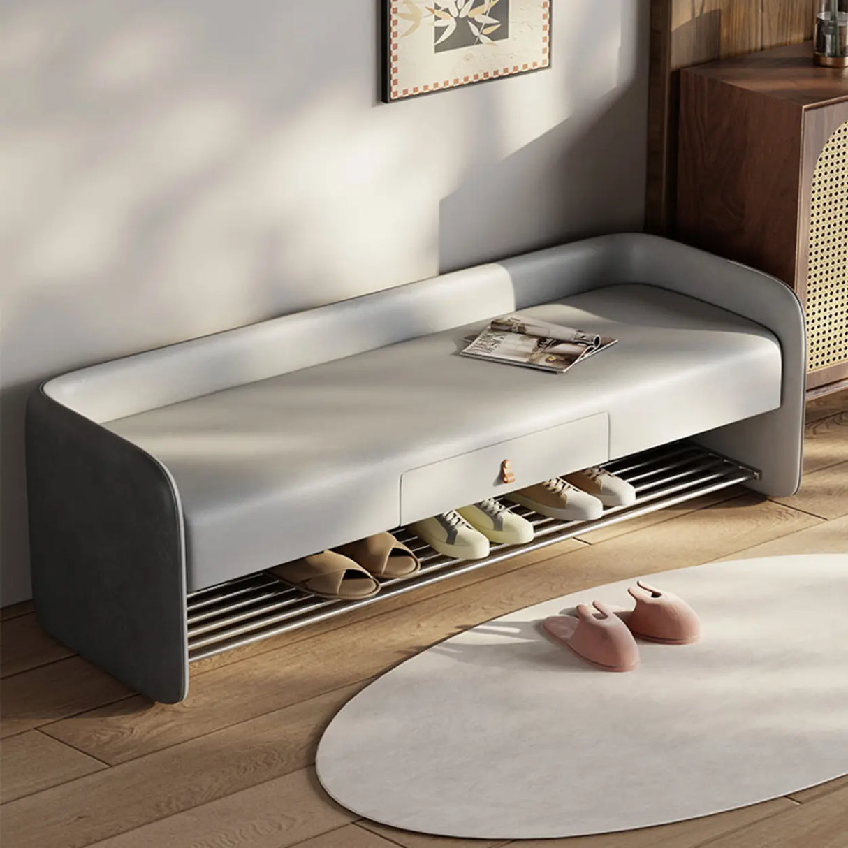 Modern Entryway Bench with Shoe Storage and Drawer Image - 3