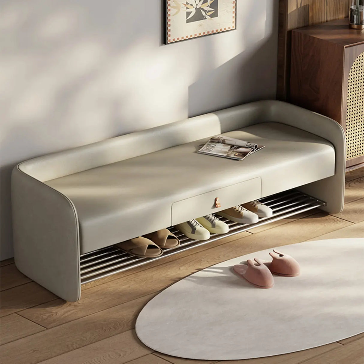 Modern Entryway Bench with Shoe Storage and Drawer Image - 5