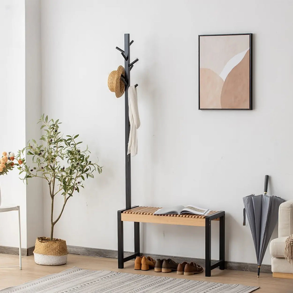 Modern Entryway Coat Rack Bench with Shoe Storage Seat Image - 1