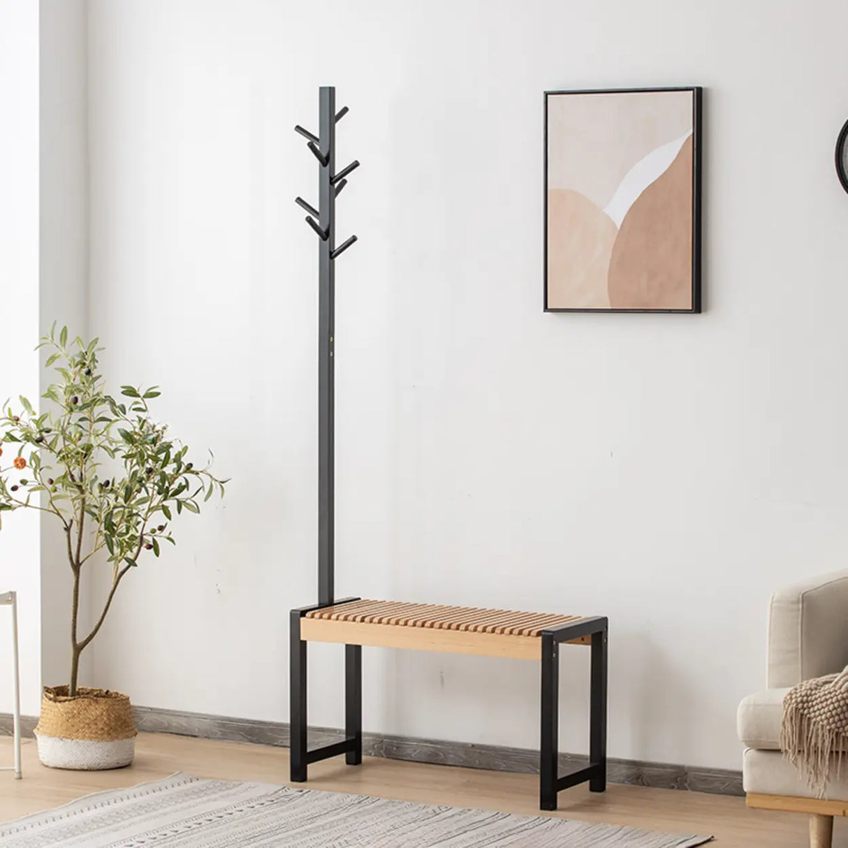 Modern Entryway Coat Rack Bench with Shoe Storage Seat Image - 2